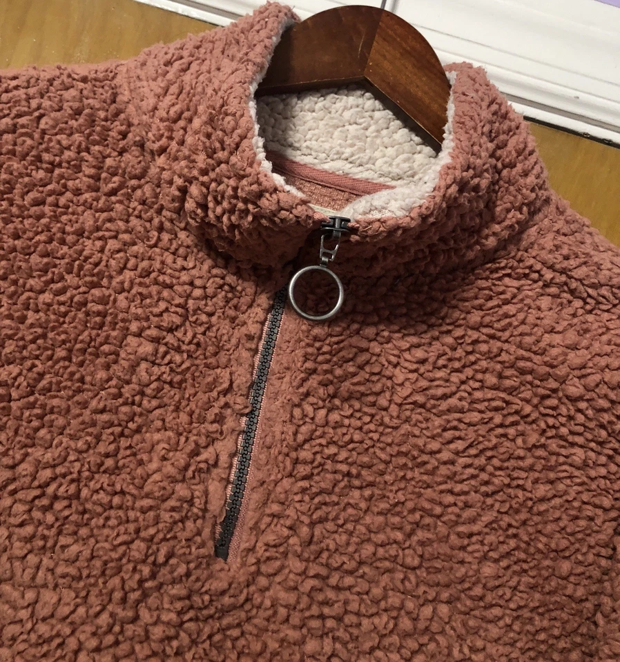 Pullover Sherpa 1/4 Cremallera De Colección Para Mujer TAN Acogedor Suave con Cuello Interior Blanco Talla M  Foto 2 de 4