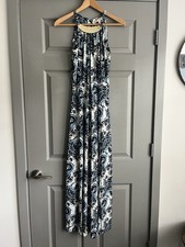 Michael Kors Paisley Maxi Dress w/ Gold Neck Piece Jersey Blue Cream Women's S