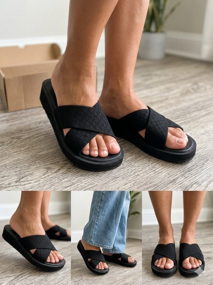 STQ Cushioned Black Crisscross Slide Sandals Slip-On Fabric Upper Logo
Opens in a new window or tab