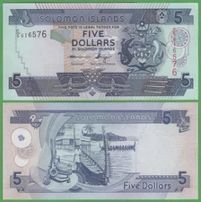 Solomon Islands 5 Dollars UNC Banknote Shark Alligator Hut Boat 2004-2018 ND