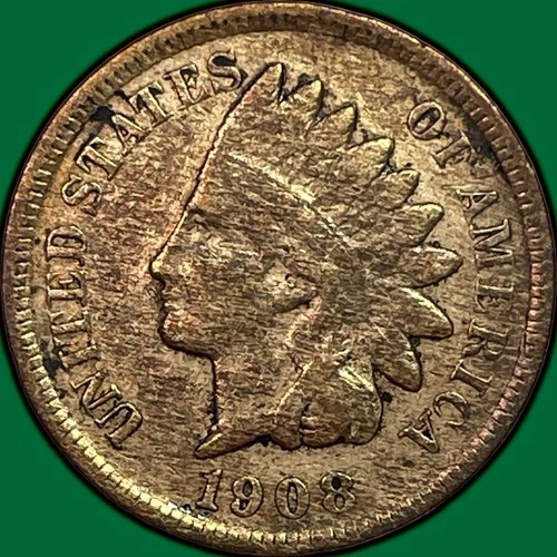 1908-S Indian Head Cent Choice Very Fine VF+ Coin, Cleaning #32492