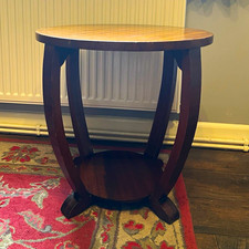 Art Deco Round Walnut Top Side Table w/ Lower Shelf Dark Wood Brown 53cm