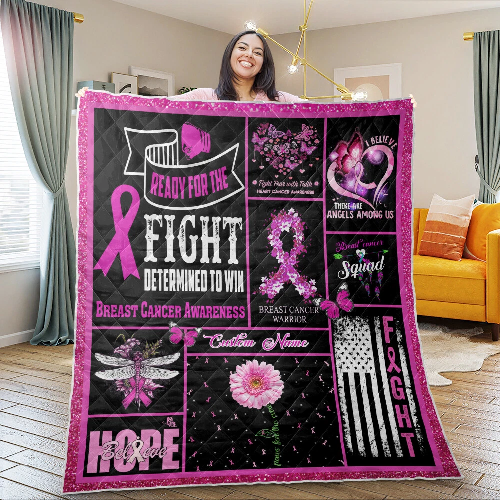 Personalized Breast Cancer Awareness Quilts, Custom Name Quilt Blanket