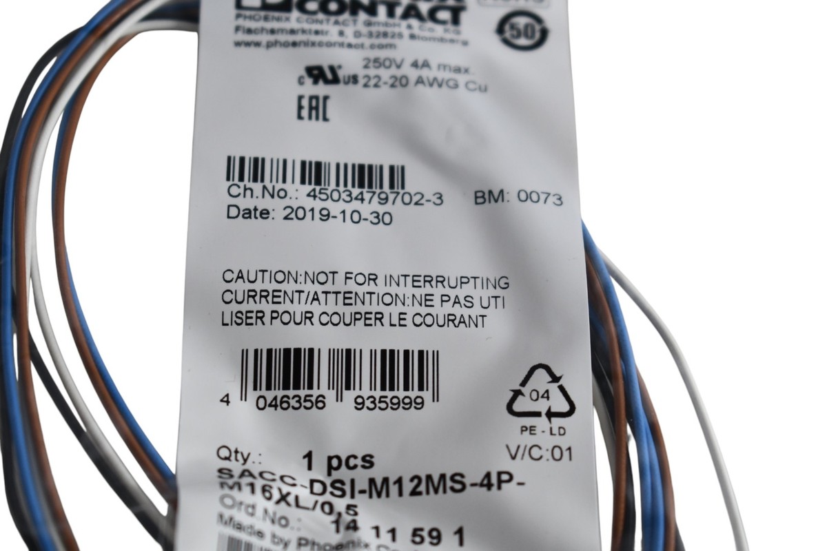 NEW Phoenix Contact 1411591 SACC-DSI-M12MS-4P-M16XL/0.5