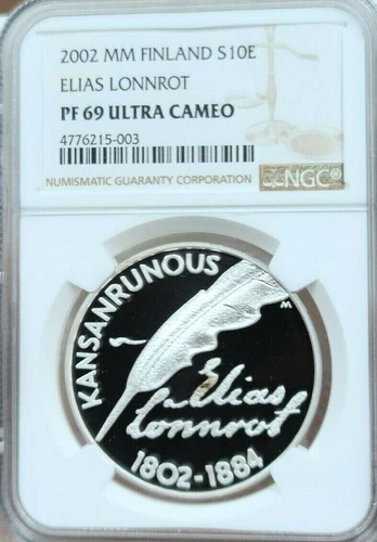 2002 FINLAND SILVER 10 EURO S10E ELIAS LONNROT NGC PF 69 ULTRA CAMEO TOP POP !!!