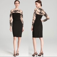 DAVID MEISTER Black Nude Sheer Embroidered Lace Illusion Yoke Sleeves Dress 8 M