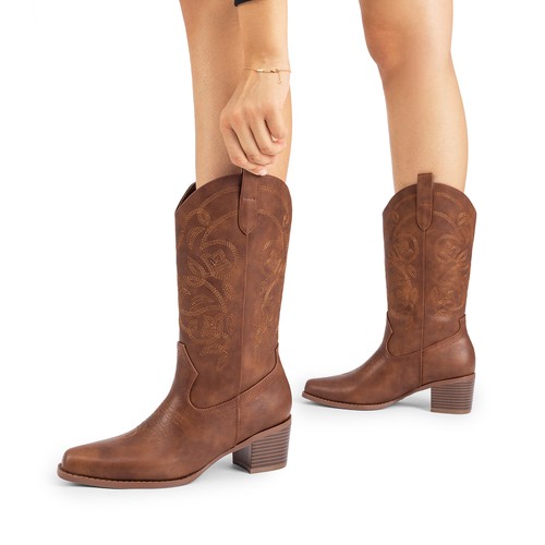 Women Western Boots Cowgirl Boots 2.36" Chunky Block Heel Mid Calf Ridding Boots - Picture 25 of 43