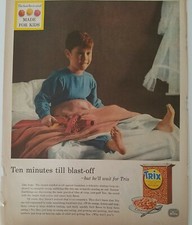 1957 Trix sugar cereal fruit flavor made for kids redhead boy pajamas bed ad