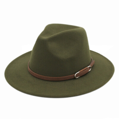 New Wool Felt Hat Flat Wide Brim Fedora Trilby Cap w/ Brown Leather Band 
