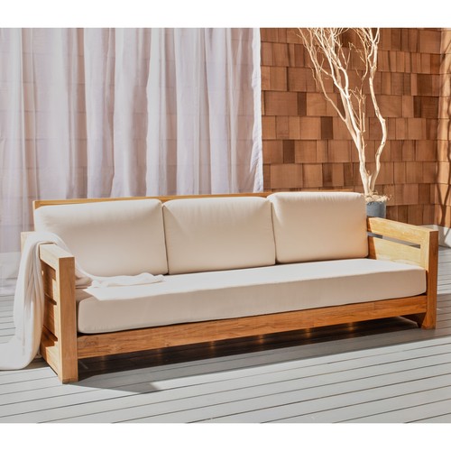 SAFAVIEH Couture Guadeloupe Outdoor Teak 3Seat Sofa Natural / White