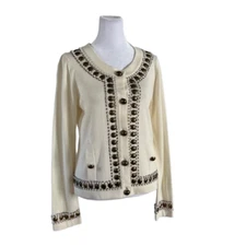 Michael Simon Cream Beaded Cardigan Bronze Buttons Size Small