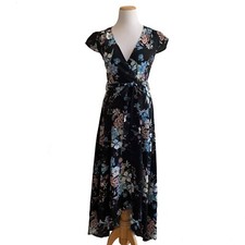 ASOS AX Paris Maxi Dress Black w/ Blue Floral Print Sz 8 Hi Lo Cap Sleeve V Neck