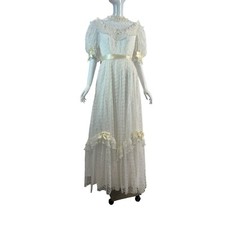Vintage 70s Victorian-Inspired Lace Wedding Dress With Puff Sleeves Satin Bows