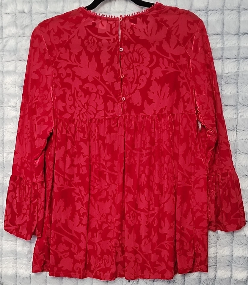Blusa Top John Paul Richard Burnout Rojo Terciopelo Floral Mujer Mediana Manga Campana Foto 4 de 4