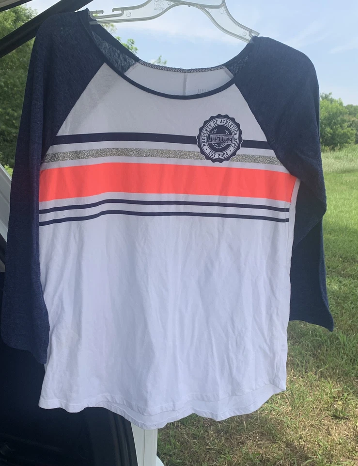Justice Girl's Shirt Size 20 Blue/White Long Sleeve Property Of Athletics Dept - Image 2 of 4