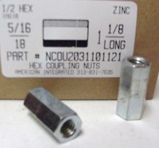 5/16-18 HEX COUPLING NUTS 1/2 HEX X 1-1/8 LONG STEEL ZINC PLATED 10 