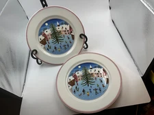 Two (Villeroy & Boch "Naif Christmas" Lunch Plate 8 1/4 “ 1748 Snow village/NWT