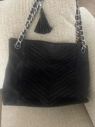 Borsa Tory Burch nera invecchiata in pelle Fleming catena 2 vie con nappa e sacchetto antipolvere