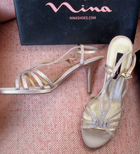 Nina Women Champagne Jolie Strappy Rhinestone High Heel Sandals Sz 9.5M NIB 