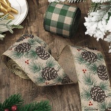 2 Rolls Christmas Green Buffalo Plaid Wired Ribbon 20 Yards Pine Cone Decor Bow