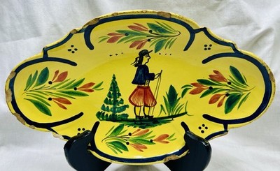 French Henriot Quimper Faience Yellow Scalloped Platter -  Hand Painted FLAWED!