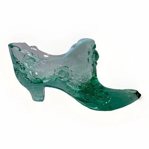 Vintage Fenton Green Opalescent Glass Shoe Cabbage Rose Marked Floral Victorian