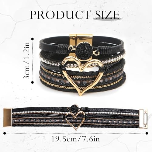 Leather Wrap Bracelet for Women, Boho Heart Cuff Bracelet with Strong Black - Picture 2 of 7