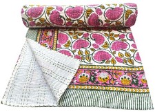 Handmade Kantha Quilt Hand Block Floral Print Bedspread Bohemian Throw King Pink