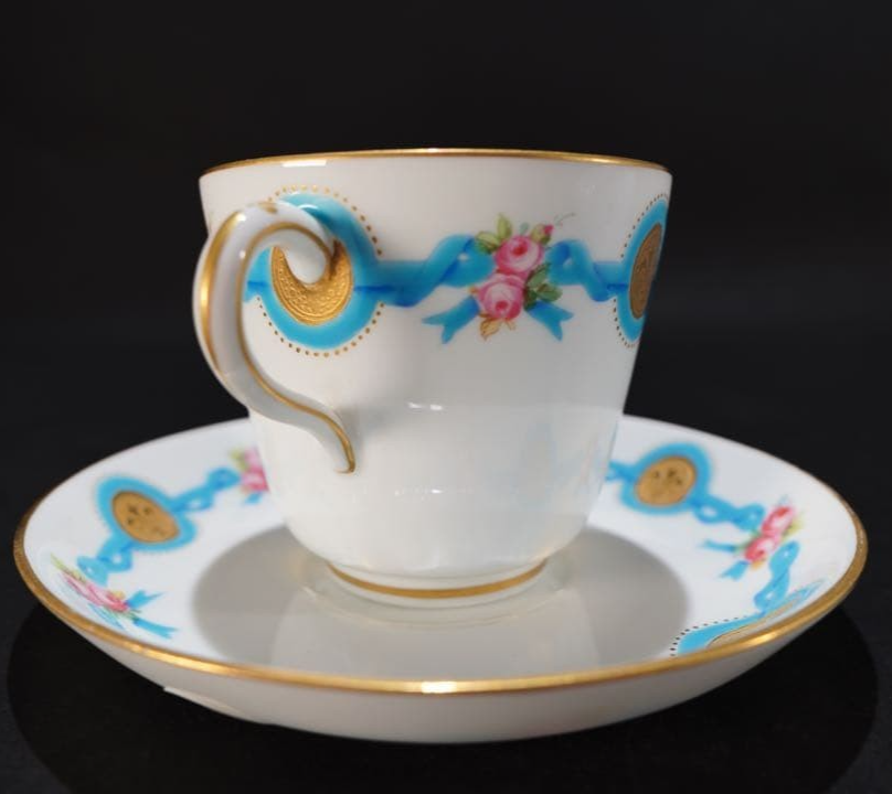 Rare Antique Minton Enamel Blue Ribbon Rose Fleur De Lis Cup