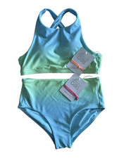 NWT Athleta Girl High Neck Ombre 2 Piece Swimsuit 14 XL  Lime/Aqua Ombre