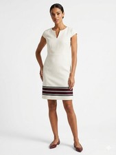 Ann Taylor Factory Ivory Sheath Dress V-Neck Cap Sleeve Stripe Hem Size 0