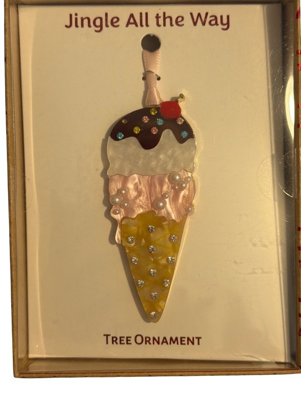Jingle All Way Ice Cream Cone Christmas Tree Ornament Rhinestones Faux Pearl NEW
