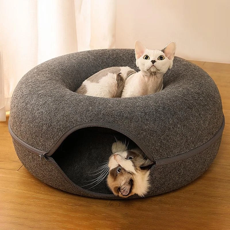 Donut Cat Tunnel Bed for 2 Cats – Felt Cave House & Interactive Play Toy - Image 3 of 4
