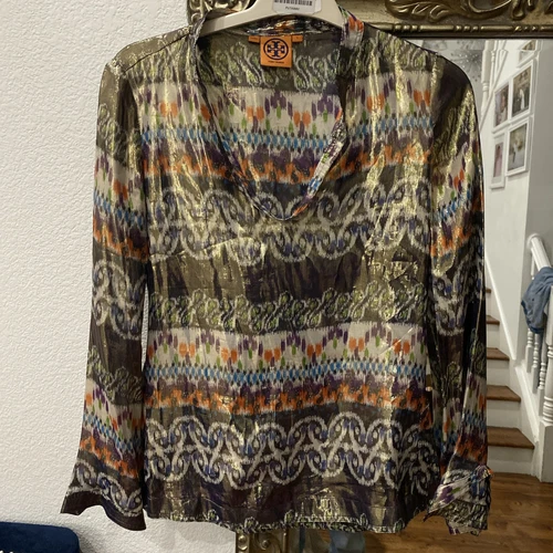 Tunica TORY Burch Stephanie seta metallizzata taglia 4 camicia manica lunga svasata boho