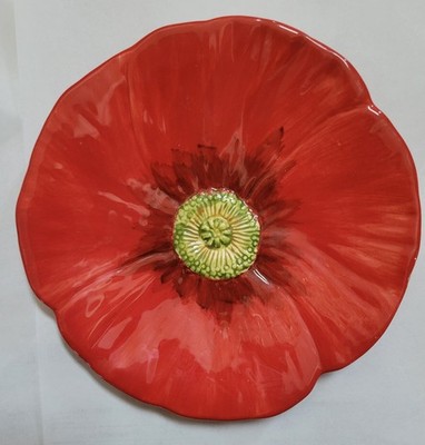 Maxcera Red ''Poppies'' Ceramic Plates Poppy Flower Floral Spring 3-D 8'' NWT