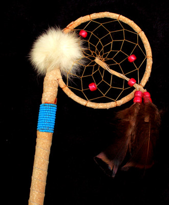 Ceremonial Dreamcatcher Staff Rabbit Fur Feathers Beads Native Style 16 Inch