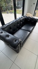 Black Leather Chesterfield 2 Seater Sofa, Solid, Button-Tufted Back & Arms