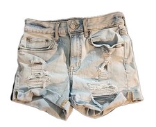 Aero Super High Rise Midi Denim Shorts Size 2 Light Blue Distressed