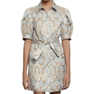 Sandro GOLD/BLUE Women's Orlan Metallic Jacquard Dress, US 40