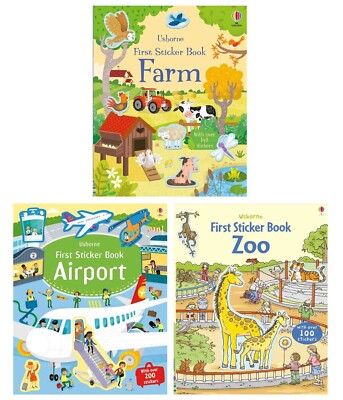 Usborne First Sticker Books: Zoo, Farm&Airport 3 Bücher Sammlung Set - Alter 2+ PB
