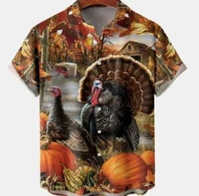 Thanksgiving Turkey Pumpkins Country Print Hawaiian Button Up Shirt Lapel Top