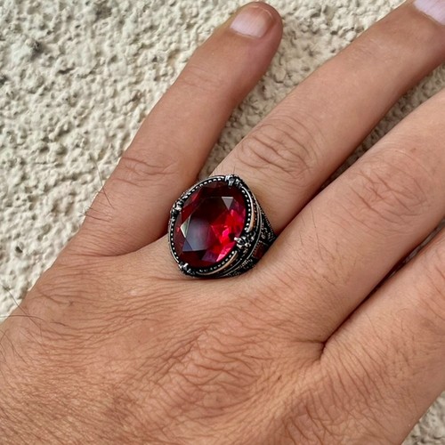 Solid 925 Sterling Silver Turkish Jewelry Garnet Stone Men's Ring All Size #899 - Picture 2 of 5