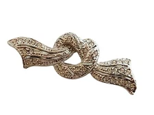 Bright Silver Bow Knot Tie Scarf Clear Crystal Rhinestone 43mm Brooch Pin