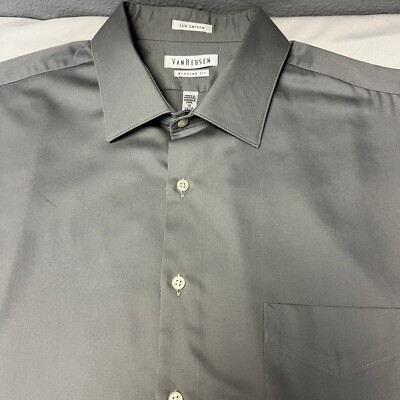 Van Heusen Lux Sateen Wrinkle Free Dress Shirt Regular Fit Gray 18 34/35 