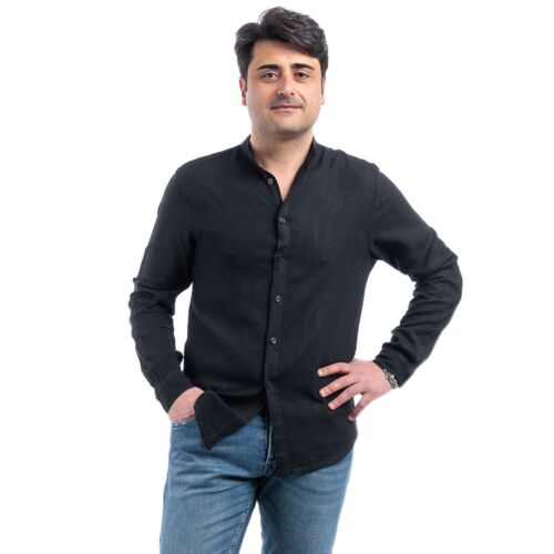 Camisa Hombre 100% Puro Lino Cuello Coreano Hecho En Italia Manga Larga VEQUE - Imagen 34 de 48