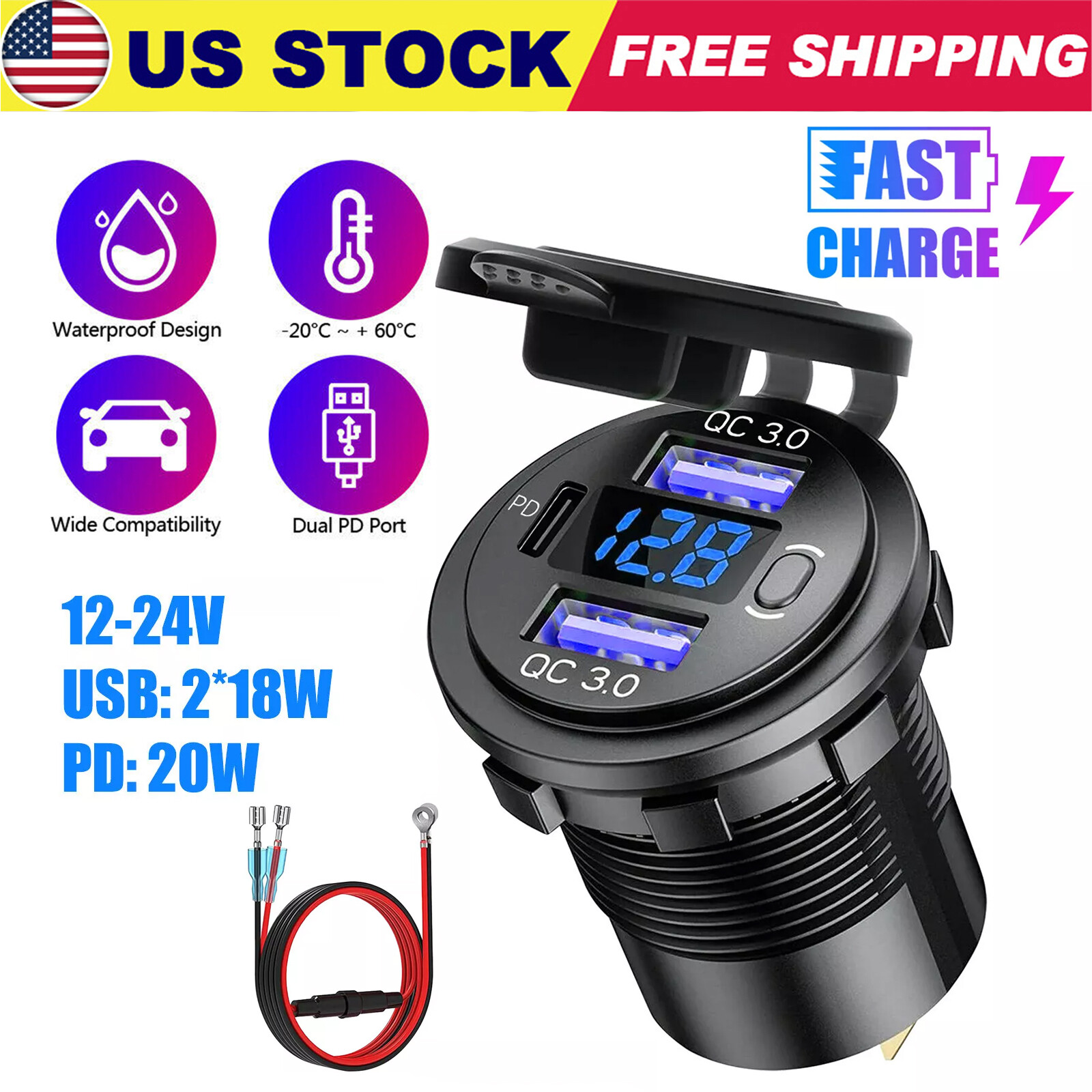 KKMOL Enchufe USB de 12 V para autocaravana, carga rápida con voltímetro LED, 72 W, Dual QC3.0