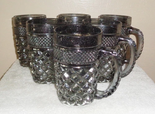 Anchor Hocking Wexford Smoke Gray Silver Glass Beer Stein Mugs Set of 6 Vintage