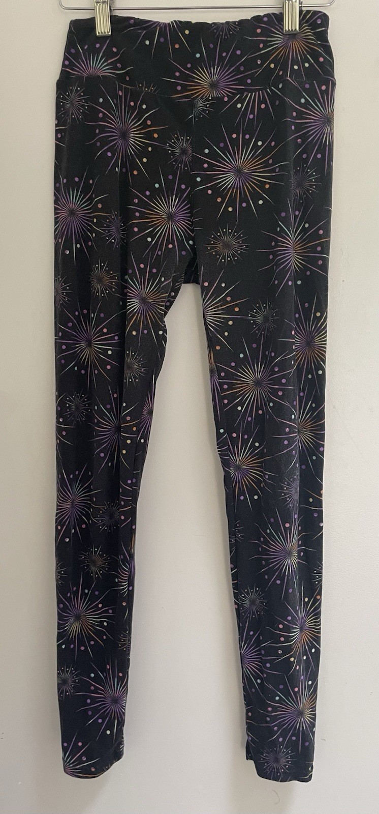 LuLaRoe Womens Fireworks Print Polyester Blend Full Length Leggings Black One Sz