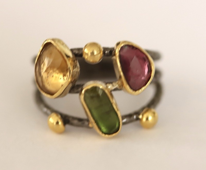 Pink Green and Yellow Tourmaline Ring Multi Gemstone Ring 925 Sterling Silver