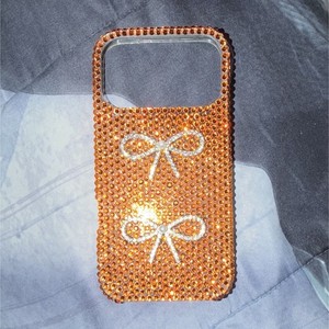 Orange/Clear Rhinestone Glitter Bling Bow Back Phone Case Cover 17 pro max